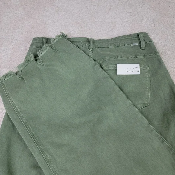 RISEN NEW Women's 1XL Olive High Rise Wide Leg Distressed Raw Hem Denim Jeans - Picture 4 of 12
